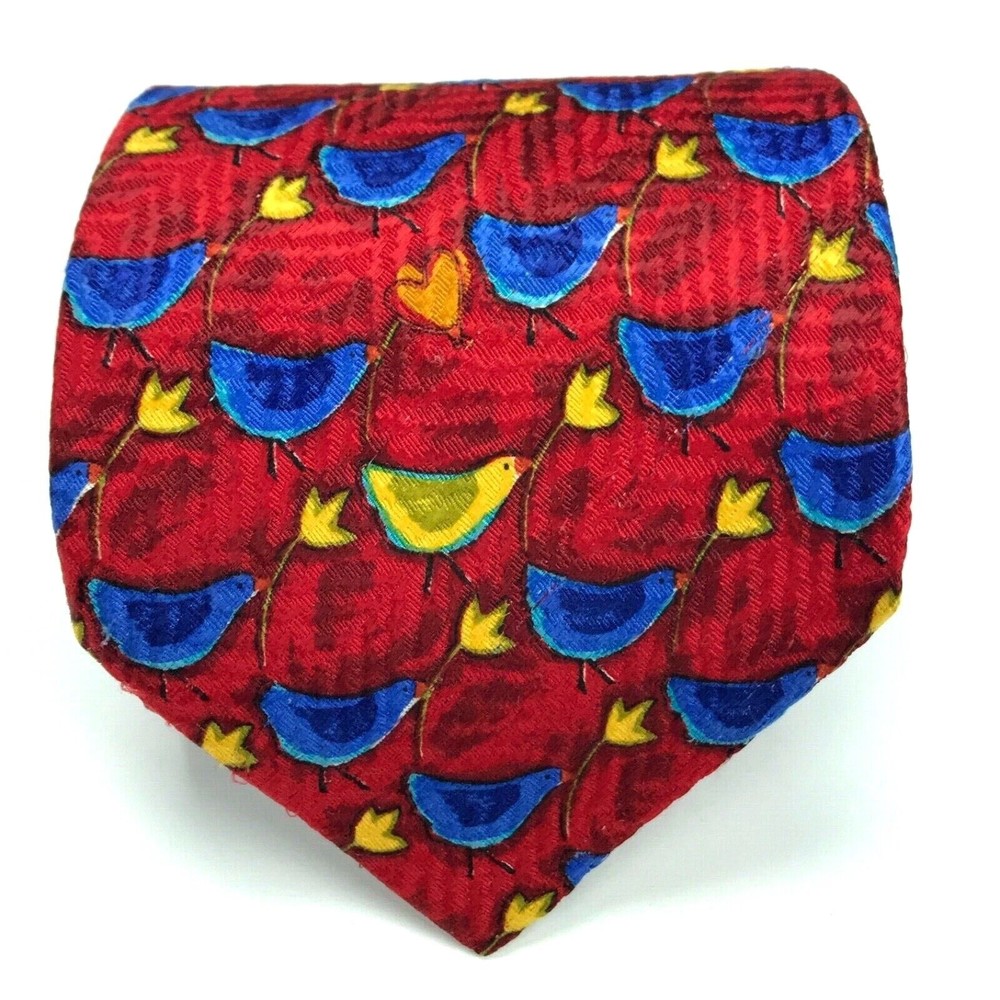 Ermenegildo Zegna 100% Silk Tie Red Birds Bird Heart Leaves Animals Necktie 57"